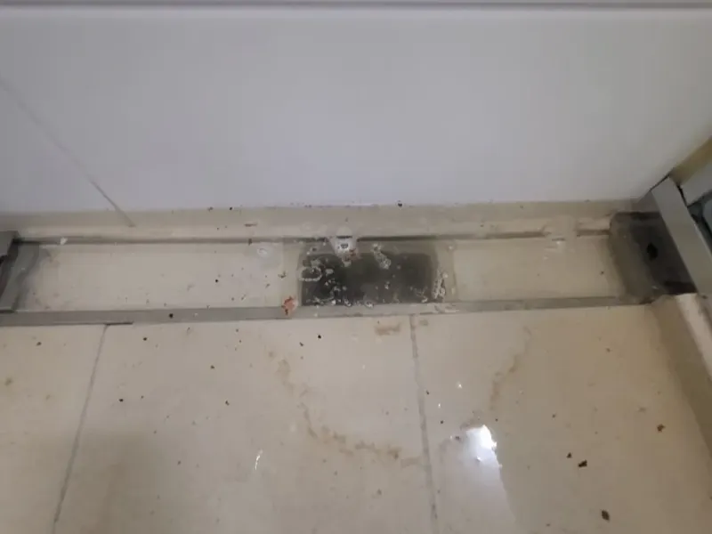 청주 욕실 벽 쪽 긴 배수구 주변에 고인 물
